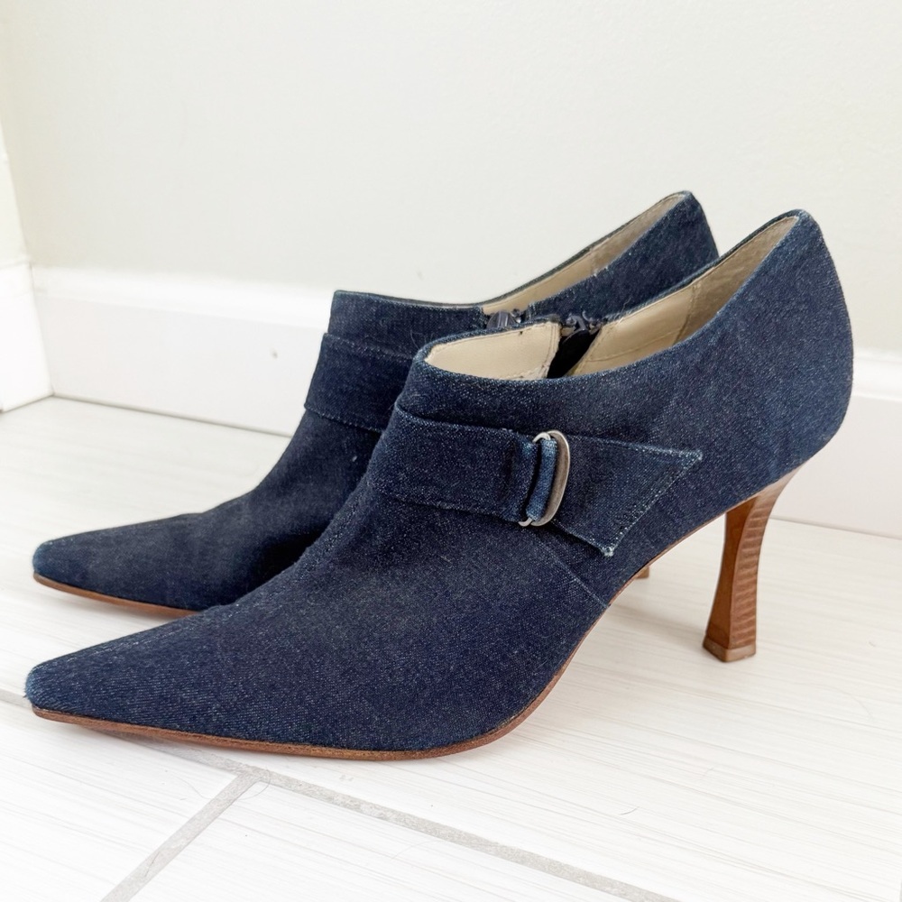 Vintage Y2K Denim Bootie Wood Stacked Heel Side Zip Size 11 Made in Brazil